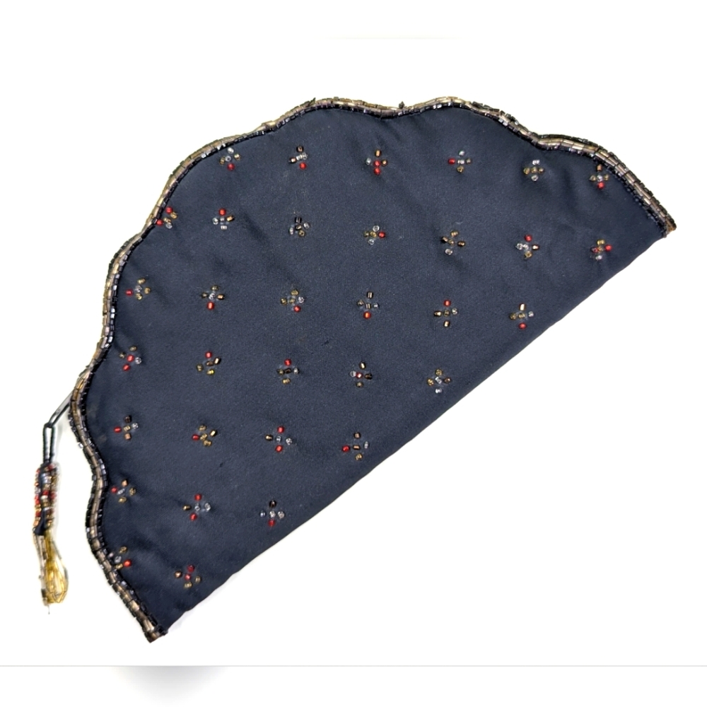 Vintage GENIE Black Satin w/ Red, Gold, Hand Beading Scalloped Edge Clutch RARE